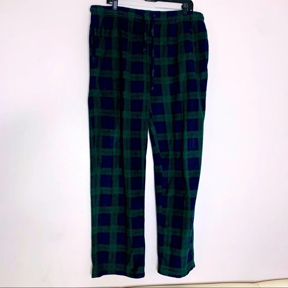 Nautica classic Men’s Fleece navy & green plaid sleepwear Pants Large
